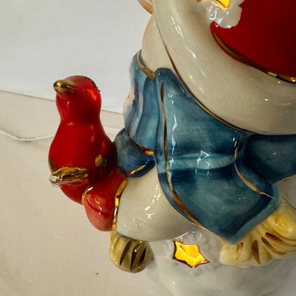 Christmas Snowman Cardinal Ceramic Lighted Figurine Gold Paint Highlights Gift - Picture 10 of 13